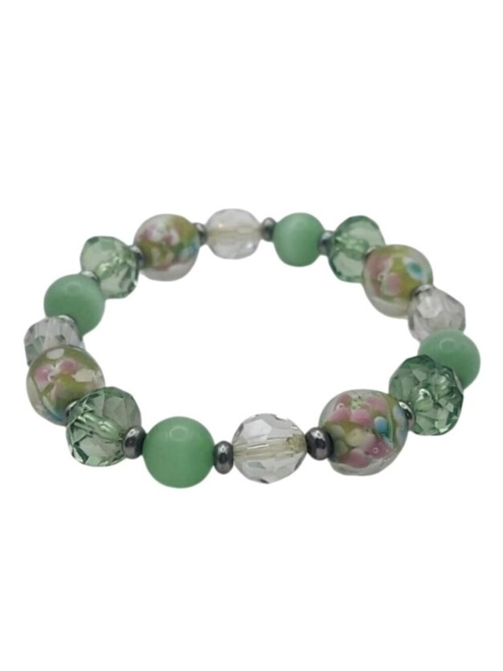 Lampwork Glass Stretch Bracelet Floral Beaded Green & White Spring Collectible